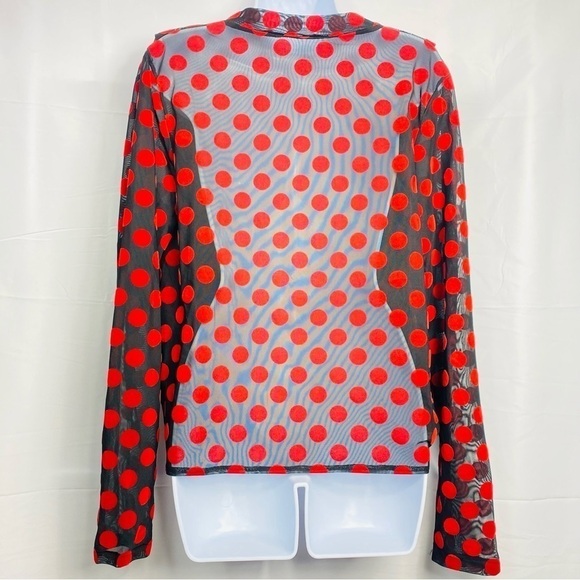 Zara Women’s Sz Large Black Sheer W/ Red Polka Dot Long Sleeve Low VNeck Cut Top - Picture 2 of 5